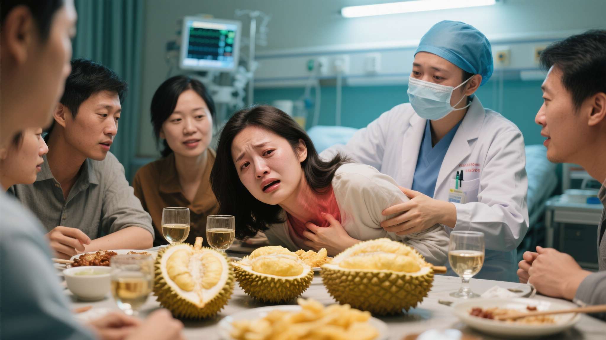 据相关医疗报道，某城市一名30岁女性在与朋友聚餐时，席间吃了不少榴莲，随后又饮用